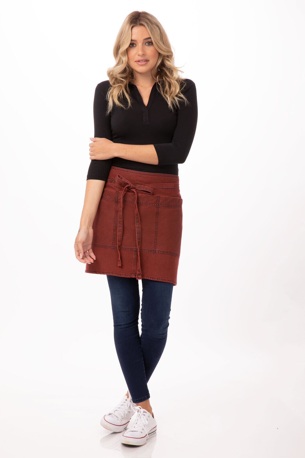 Chef work Uptown Half Bistro Apron- Red Navy - Hospitality Connect