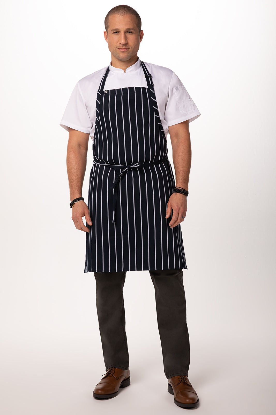 Chef Works Striped Bib Apron No Pocket- Navy/White - Hospitality Connect