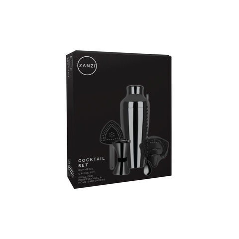 ZANZI COCKTAIL SET w/2pc SHAKER GUN METAL 5pc - Hospitality Connect